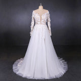 A Line Tulle Lace Appliques Long Sleeves Wedding Dresses, Cheap Bridal Dresses OKQ28