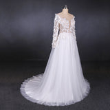 A Line Tulle Lace Appliques Long Sleeves Wedding Dresses, Cheap Bridal Dresses OKQ28