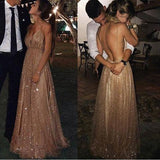 A-line Spaghetti Straps V-neck Sexy Backless Sequins Prom Party Dress OKF32