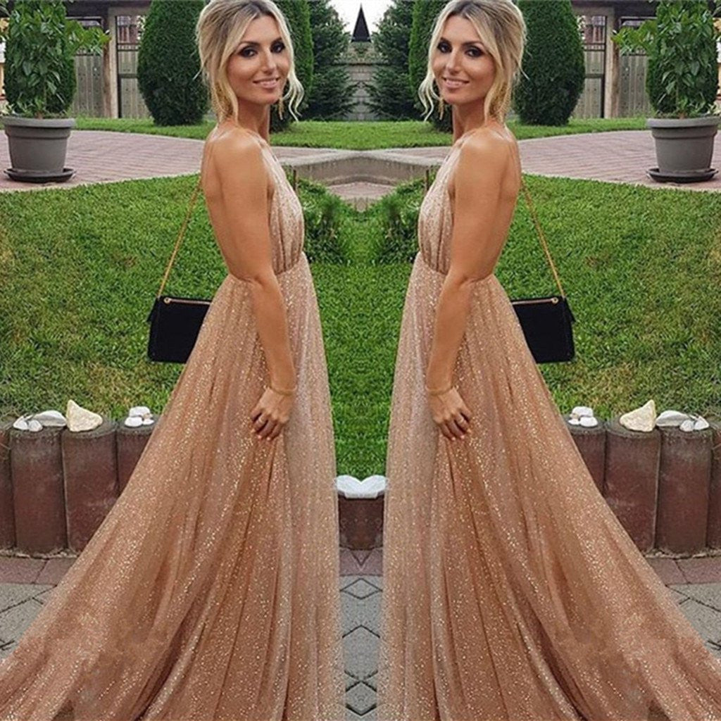 A-line Spaghetti Straps V-neck Sexy Backless Sequins Prom Party Dress OKF32