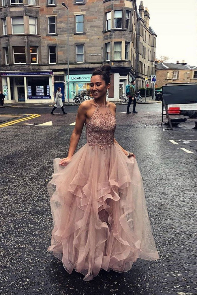 Pink Tulle Lace Appliques Long Prom Dress A-line Evening Gown OKS67