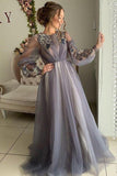 Long Sleeves A-line Tulle Appliques Prom Dress Evening Party Dress OKY85