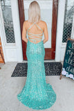 Light Jade Sequin V-Neck Lace-Up Back Mermaid Long Prom Dress  Evening Dress OK1690