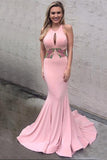 Sexy Mermaid Backless Pink Long Charming Floral Appliques Modest Prom Dresses K759