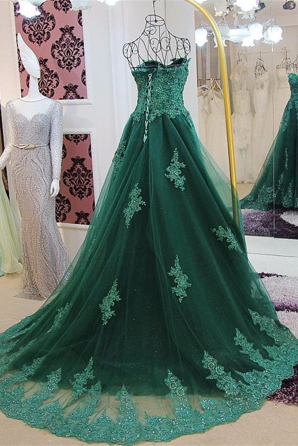 Sweetheart Lace Beading Long Green A-line Modest Prom Dress K701