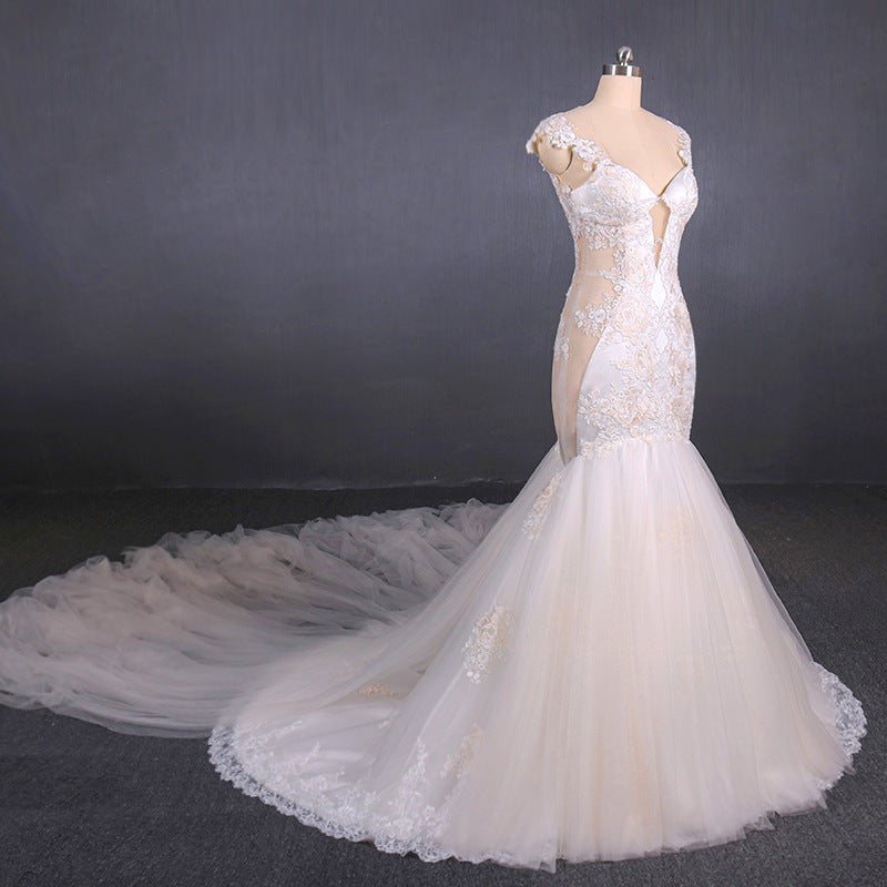 Charming Mermaid Tulle Wedding Dresses, Chapel Train Long Bridal Gown OKQ14