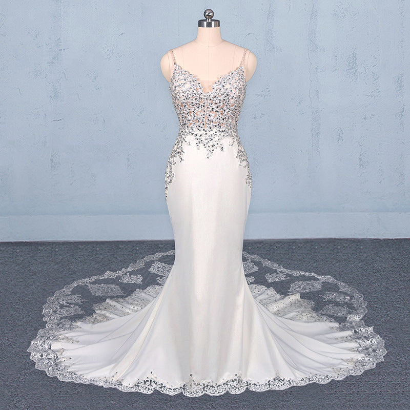 Mermaid Spaghetti Straps Beading Wedding Dresses, Elegant Appliques Bridal Dresses OKQ15