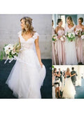 White V-Neck Lace Top Tulle Cap Sleeve A-Line Wedding Dresses OK593