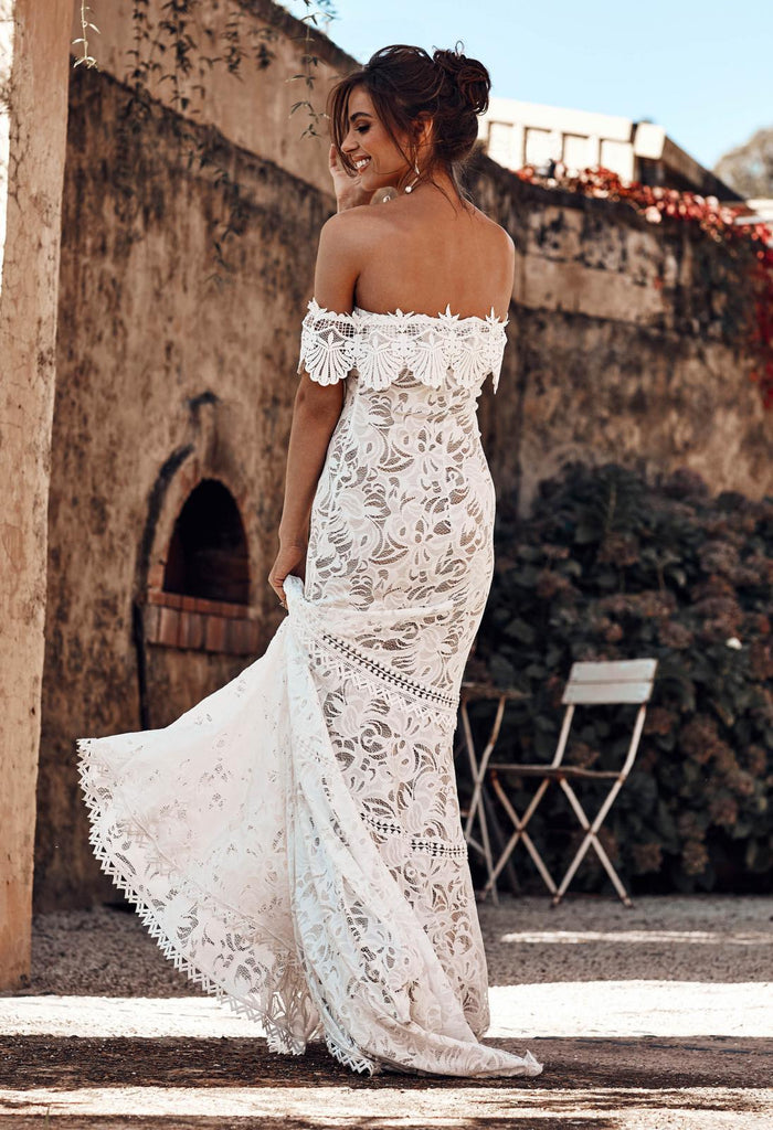 Off the Shoulder Lace Mermaid Wedding Dresses, Cheap Bridal Dress OKP72