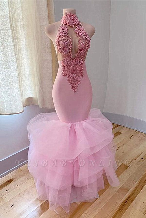 New High Neck Keyhole Tulle Ruffles Mermaid Floor-length Pink Prom Dress OK1553