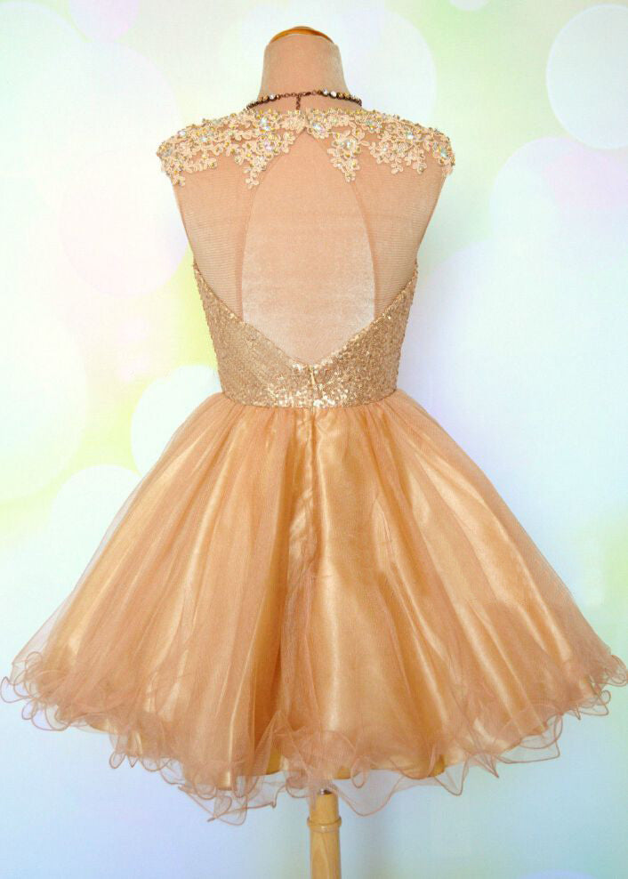 A Line Tulle Gold Bling Open Back Prom Dress,Unique Short Homecoming Dress OK339