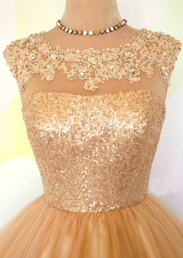 A Line Tulle Gold Bling Open Back Prom Dress,Unique Short Homecoming Dress OK339