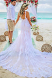Mermaid Spaghetti Strap White Tulle Appliqued Wedding Dress with Long Train OK1566