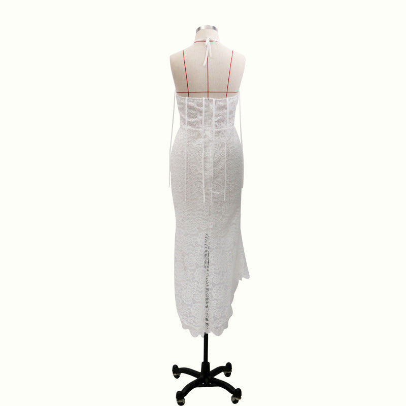 Elegant Lace White Sheath Prom Dresses, Lace Simple Wedding Dress OKP70