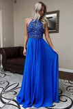 Royal Blue Halter Neckline Chiffon Prom Dress A-line Beaded Evening Dress OKX74