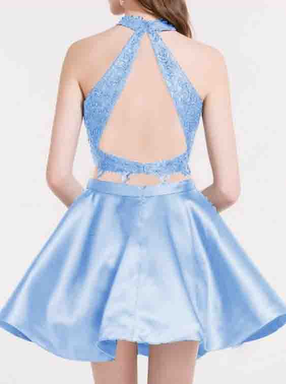 Blue Two Piece High Neck Lace Top Satin Open Back Sleeveless Homecoming Dress OK370