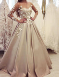 Gorgeous Bateau A Line Appliques Prom Dresses with Long Sleeves OKH37