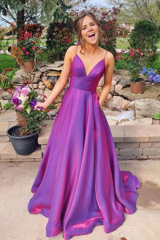 Simple Purple Red Satin Spaghetti Straps A-line Long Prom Dress With Pockets OKX62