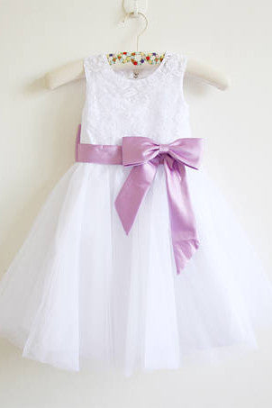 White Lace Lilac Baby Girls Dress, Tulle Flower Girl Dress With Lilac Sash OK203