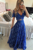 A Line V-neck 2 piece Lace Short Sleeves Appliques Royal Blue Evening Dress OK1377
