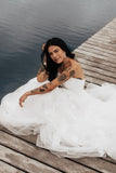 Charming A Line Strapless Tulle Long Wedding Dress with Appliques N103