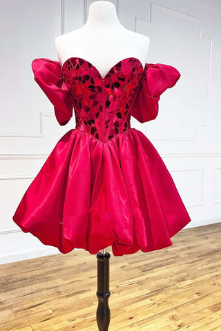 Red Cut Glass Mirror Strapless A-Line Cocktail Dress with Puff Sleeves Short Homecoming Dress OK1739