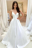 Simple A Line V-Neck Spaghetti Straps Satin Cheap Long Wedding Dress OK1156