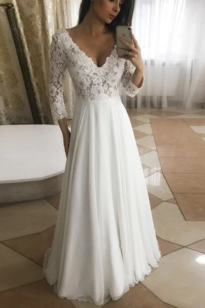 V Neck Long Sleeves Floor Length A Line Chiffon Lace Beach Wedding Dresses OK1795