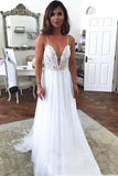 A Line Tulle V Neck Backless Lace Top Beach Wedding Dresses OK1793