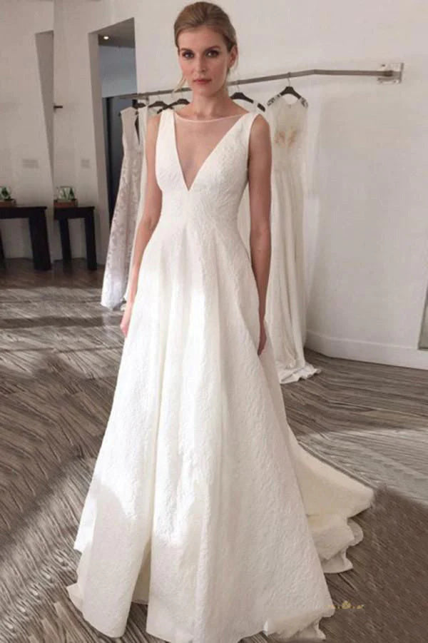 Bateau A Line Beach Wedding Dresses Elegant Long Bridal Dresses OK1791
