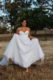 Sweetheart Lace Plus Size A Line Off White Long Beach Wedding Dresses OK1790