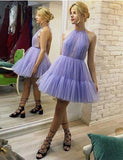 Halter Lavender A Line Tulle Short Unique Homecoming Dresses OKD84