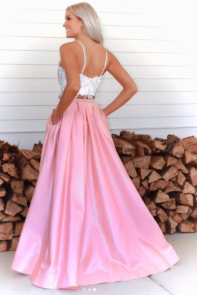 Two Pieces A-line Pink Lace Top Slit Prom Dress With Pockets OKT69