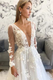 A-Line Floral Appliques Off White Plunging Neck Long Sleeves Backless Wedding Dress OK1906