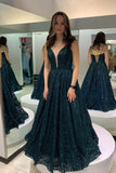 Shiny Lace Dark Green Sequins Long Prom Dress Deep V Neck A line Evening Dress OK1387