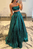 Emerald Green Sequins Two Pieces Strapless Long Prom Dress With Pockets OK1996