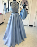 Two Pieces Satin High Neck Prom Gowns Floor Length Prom Dress With Lace Top OKC76