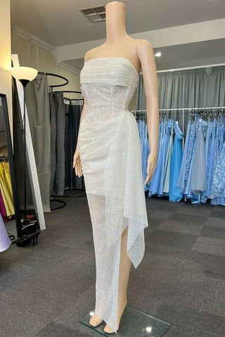 Off White Strapless Mermaid Long Prom Dress with Slit Formal Evening Dresses OK2016