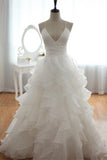Elegant Spaghetti Straps Long V-neck White Backless Wedding Dress W38