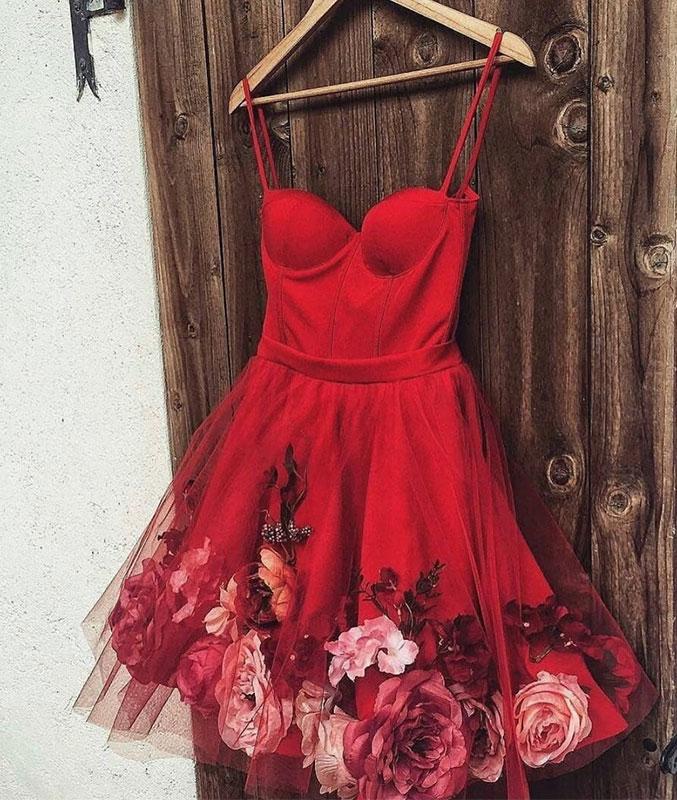 Burgundy Tulle Short Prom Dresses, Spaghetti Straps Homecoming Dress With Flowers OKL79
