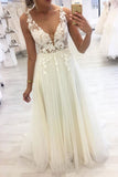Unique V Neck Lace Applique Long Prom Dresses A Line Tulle Formal Dresses OKQ37