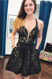 Fashion A-line V-Neck Short Black Lace Homecoming Dress With Pockets OK1002