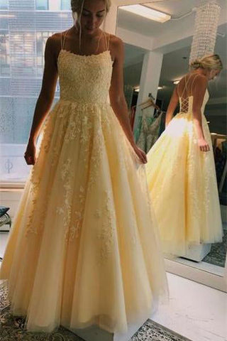 A-line Yellow Spaghetti Straps Tulle Long Prom Dress With Appliques OKS48