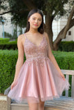 Pretty A-line Pink Beadeing Homecoming Dress Short Spaghetti Straps Prom Dress OKX96