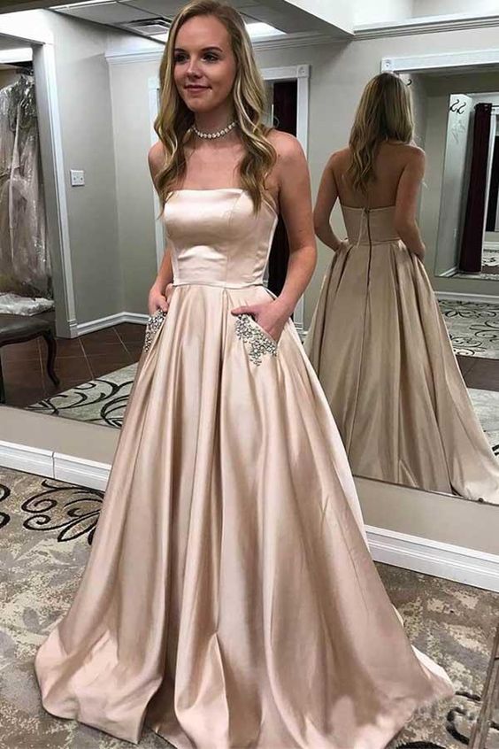 A-line Strapless Satin Long Prom Dress Evening Dress With Beading Pocket OKY76