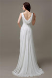 V-neck White Open Back Chiffon Long Simple Plus Size Beach Wedding Dress W29