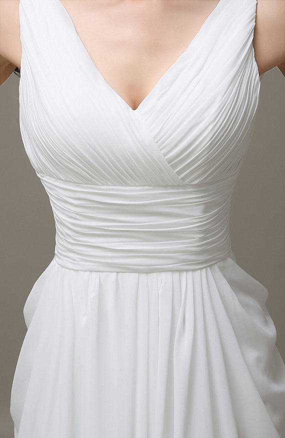 V-neck White Open Back Chiffon Long Simple Plus Size Beach Wedding Dress W29
