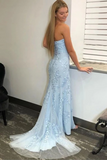 Mermaid Strapless Split Light Blue Prom Dress Long Formal Dress With Appliques OKY36