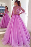 Fairy Ball Gown See Through Ruffled 3/4 Sleeves Tulle Long Prom Dress with Appliques OKT68