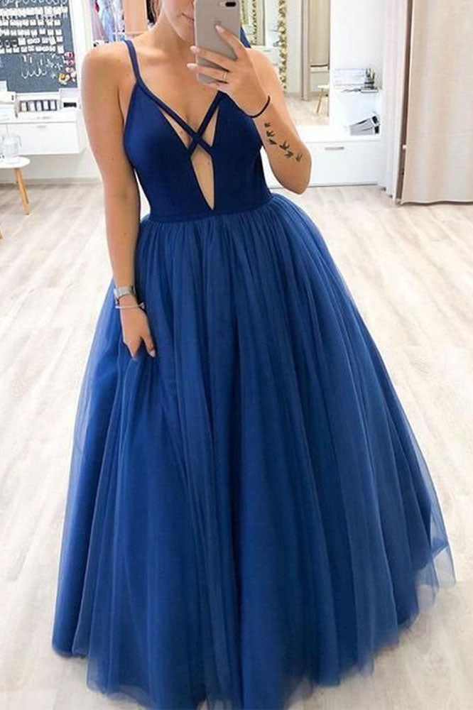 A-line Deep V Neck Royal Blue Long Tulle Prom Dress with Straps OKT67